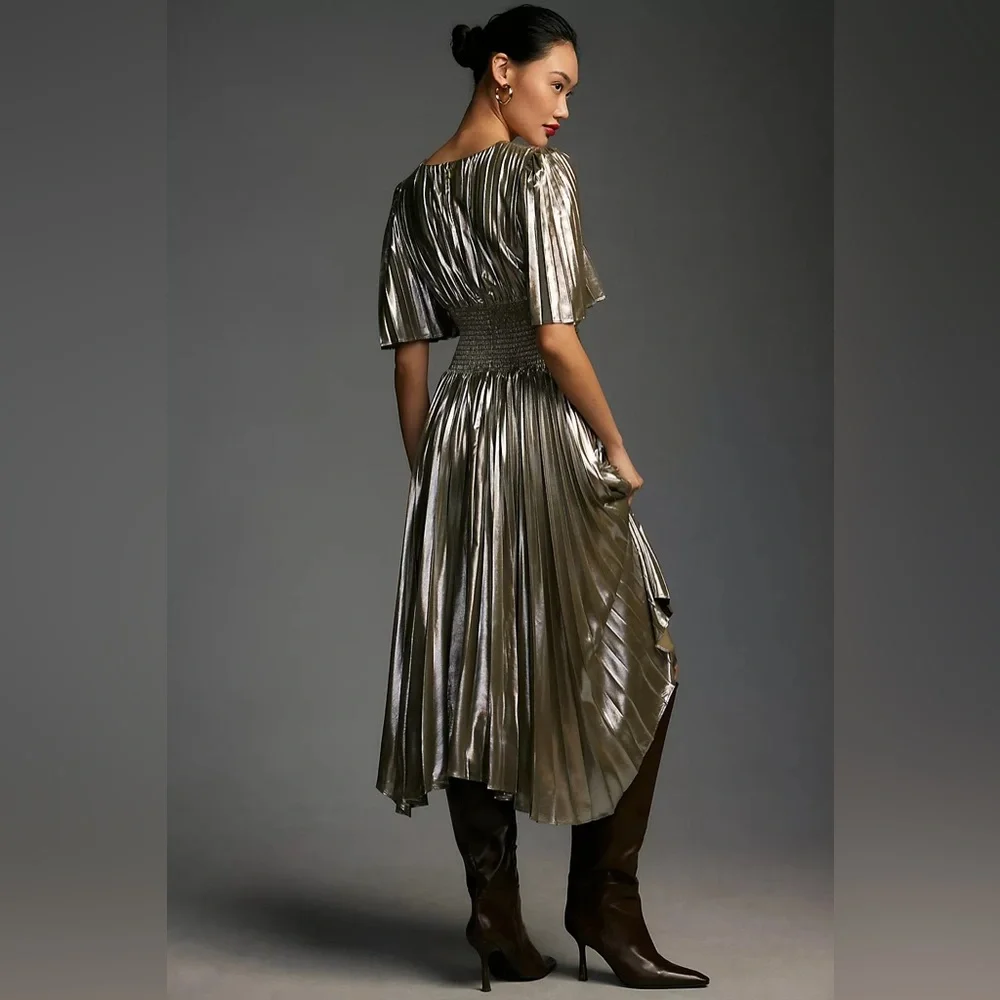 Anthropologie Short-Sleeve Metallic Cutout Midi Dress Holiday Party Pleated 1X - Picture 3 of 8